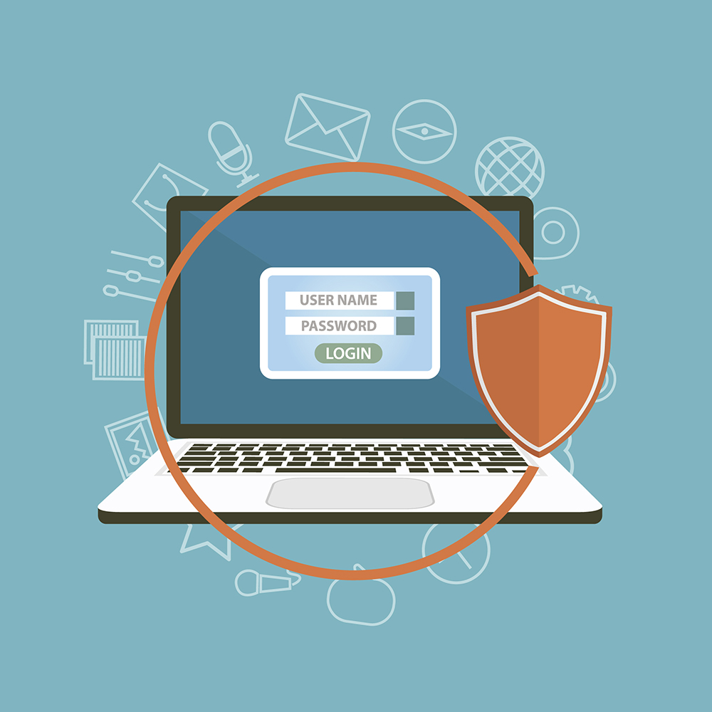 Laptop secured with a protective shield - safe authentication against cyberattacks