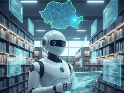 Robot AI intr-o biblioteca digitala cu harta Romaniei si locatia Craiova evidentiata ilustrand modificarile Google din octombrie 2025