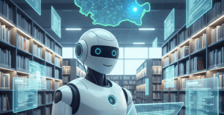 Robot AI intr-o biblioteca digitala cu harta Romaniei si locatia Craiova evidentiata ilustrand modificarile Google din octombrie 2025