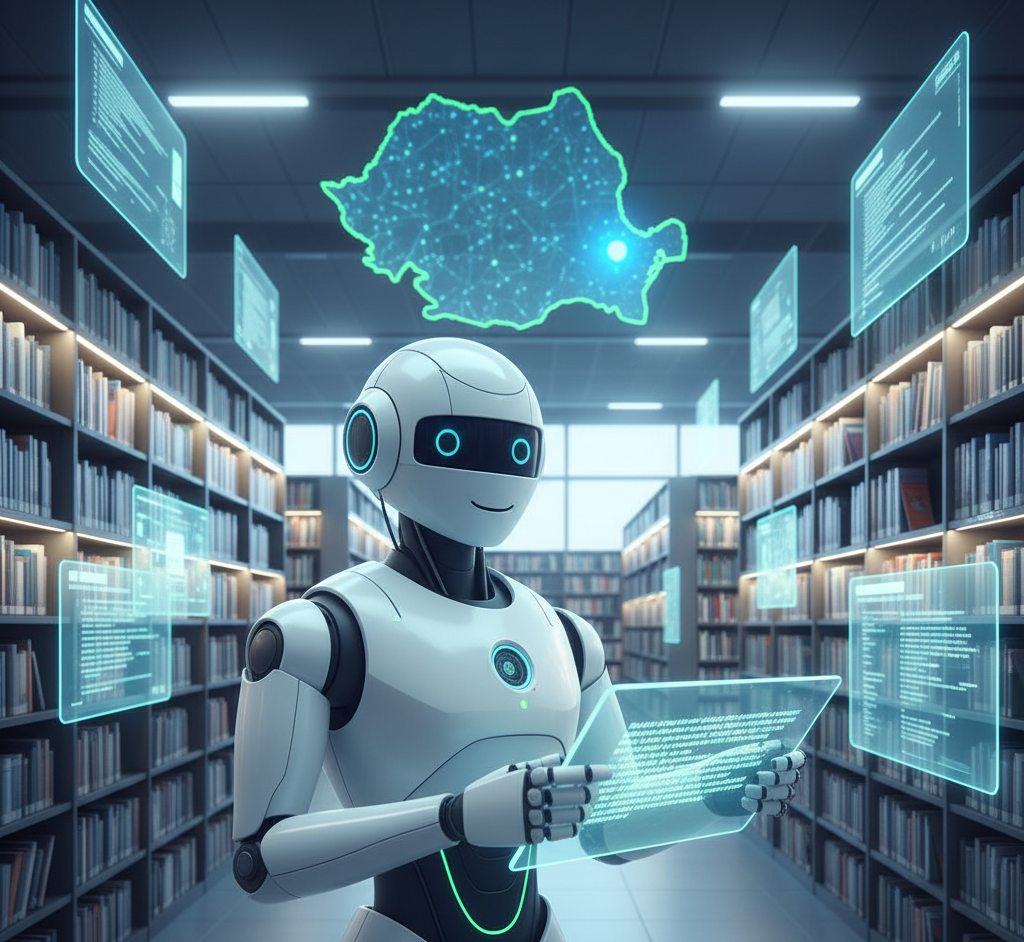 Robot AI intr-o biblioteca digitala cu harta Romaniei si locatia Craiova evidentiata ilustrand modificarile Google din octombrie 2025