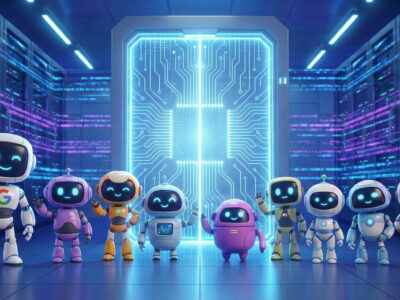 Ilustratie cu 10 roboti AI diferiti care simbolizeaza traficul non-uman pe site de la Googlebot la ChatGPT si Applebot