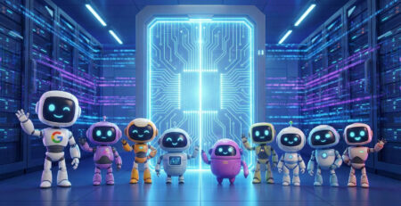 Ilustratie cu 10 roboti AI diferiti care simbolizeaza traficul non-uman pe site de la Googlebot la ChatGPT si Applebot