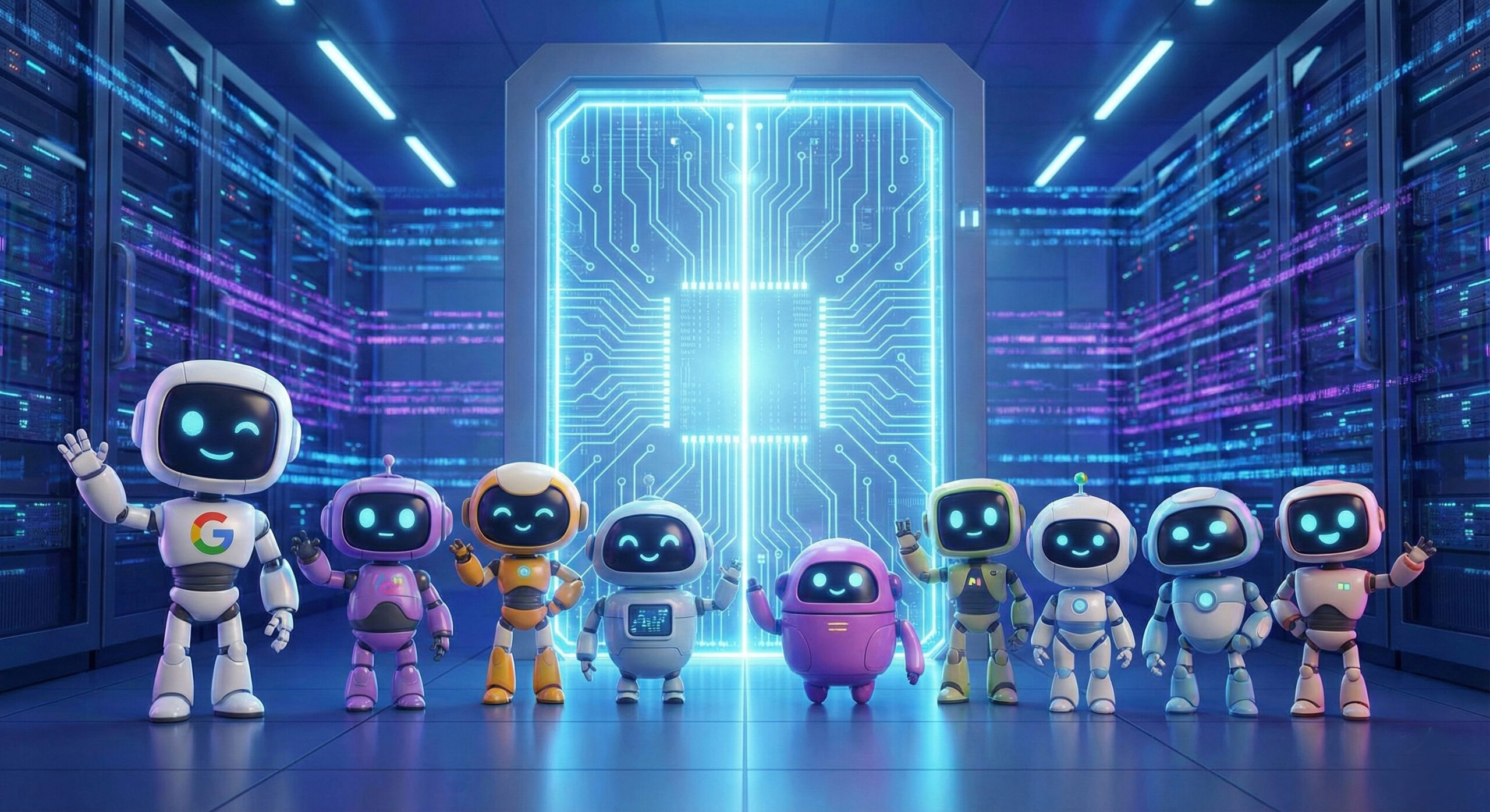Ilustratie cu 10 roboti AI diferiti care simbolizeaza traficul non-uman pe site de la Googlebot la ChatGPT si Applebot