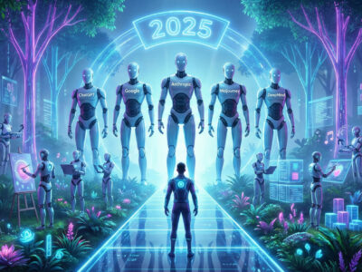 Ilustratie futurista cu o jungla digitala si 5 roboti giganti etichetati ChatGPT Google si Anthropic reprezentand topul aplicatiilor AI din 2025