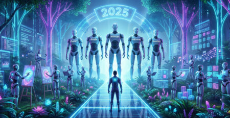 Ilustratie futurista cu o jungla digitala si 5 roboti giganti etichetati ChatGPT Google si Anthropic reprezentand topul aplicatiilor AI din 2025