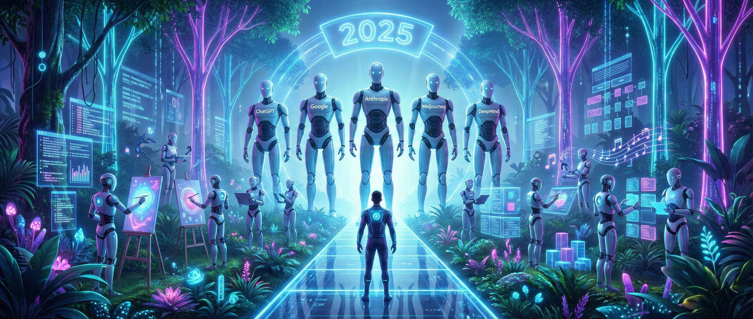Ilustratie futurista cu o jungla digitala si 5 roboti giganti etichetati ChatGPT Google si Anthropic reprezentand topul aplicatiilor AI din 2025