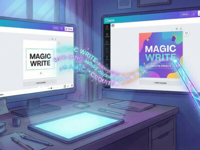 Ilustratie magica reprezentand functia Canva Magic Write unde o bagheta genereaza text automat intr-un design grafic colorat