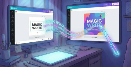 Ilustratie magica reprezentand functia Canva Magic Write unde o bagheta genereaza text automat intr-un design grafic colorat