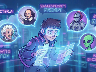 Ilustratie colorata cu un utilizator vorbind prin chat cu personaje istorice si fictive pe platforma Character.AI