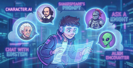 Ilustratie colorata cu un utilizator vorbind prin chat cu personaje istorice si fictive pe platforma Character.AI