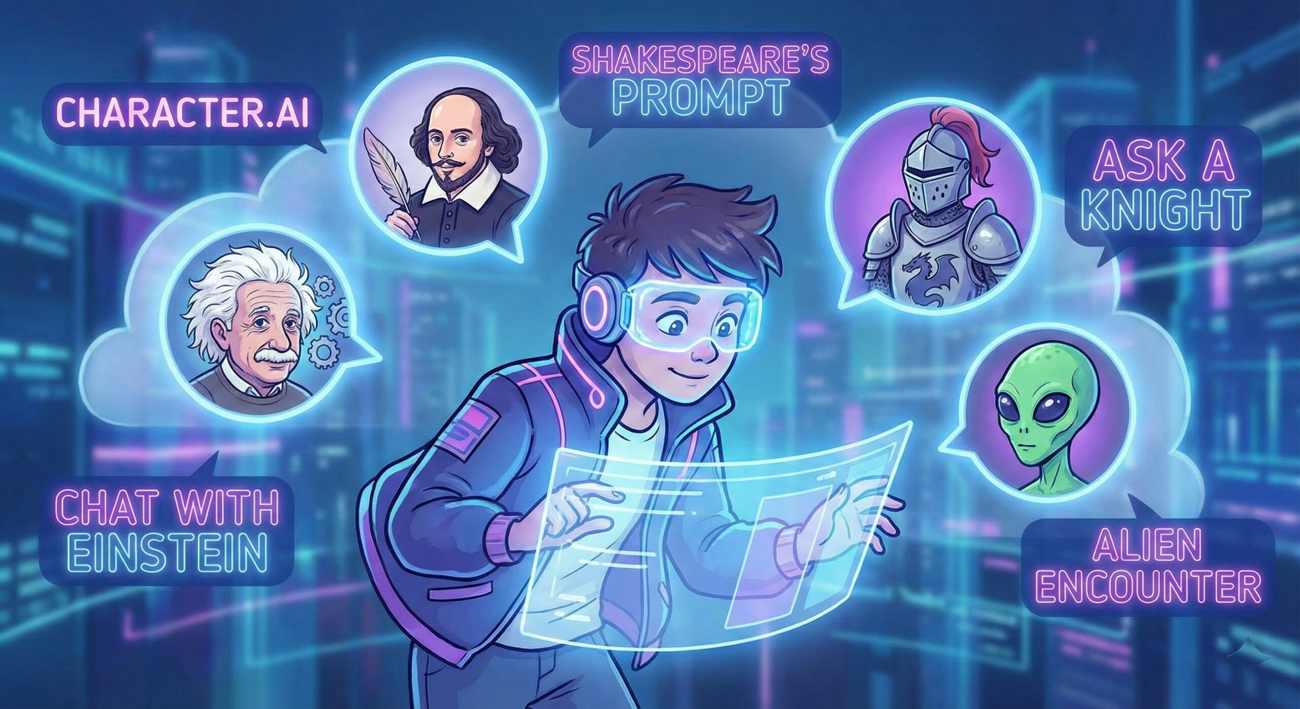 Ilustratie colorata cu un utilizator vorbind prin chat cu personaje istorice si fictive pe platforma Character.AI