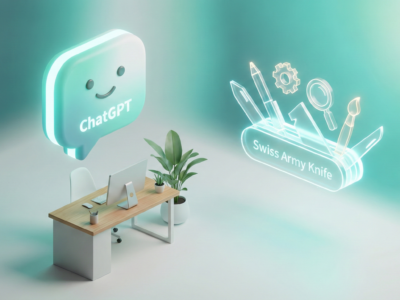 Ilustratie 3D minimalista cu o bula de chat prietenoasa deasupra unui birou modern si o holograma de briceag elvetian simbolizand versatilitatea ChatGPT