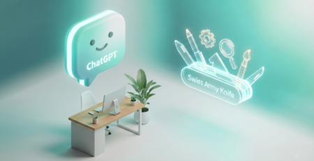 Ilustratie 3D minimalista cu o bula de chat prietenoasa deasupra unui birou modern si o holograma de briceag elvetian simbolizand versatilitatea ChatGPT