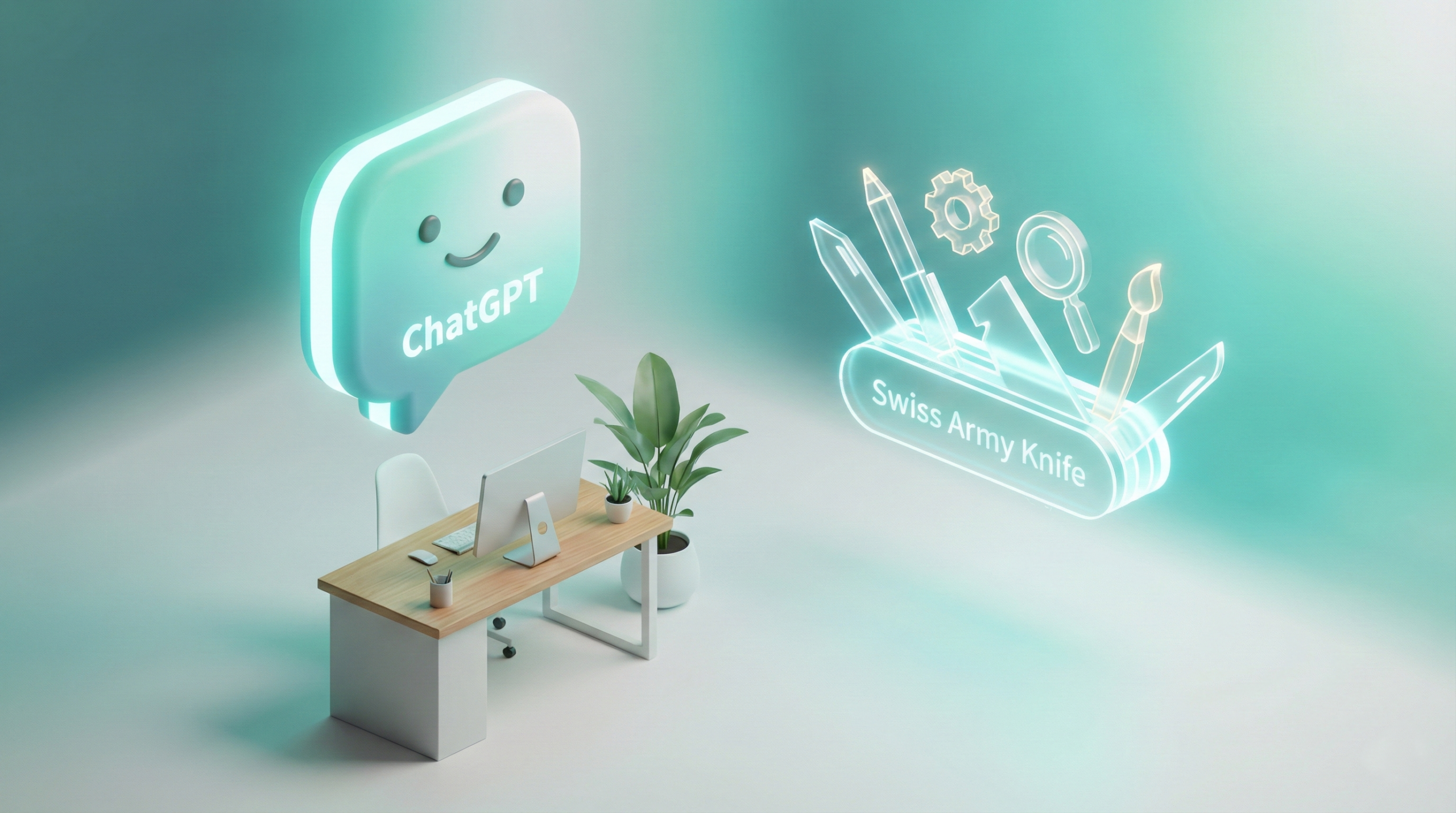 Ilustratie 3D minimalista cu o bula de chat prietenoasa deasupra unui birou modern si o holograma de briceag elvetian simbolizand versatilitatea ChatGPT