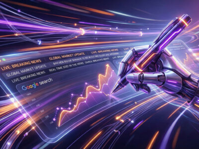 Ilustratie dinamica cu logo-ul ChatSonic conectat la fluxuri de stiri digitale si grafice Google simbolizand scrierea in timp real