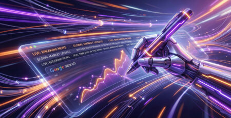 Ilustratie dinamica cu logo-ul ChatSonic conectat la fluxuri de stiri digitale si grafice Google simbolizand scrierea in timp real