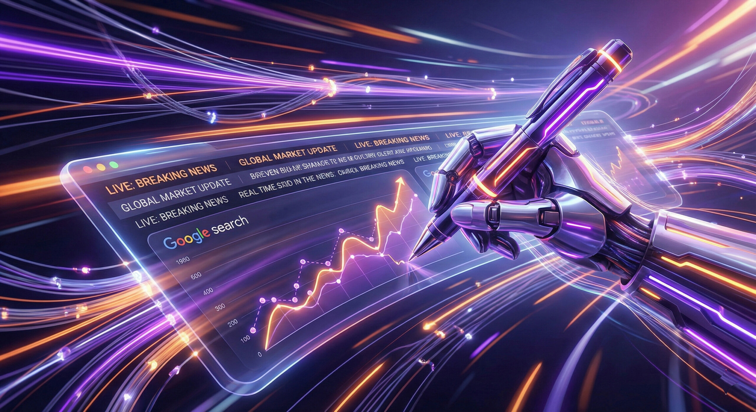 Ilustratie dinamica cu logo-ul ChatSonic conectat la fluxuri de stiri digitale si grafice Google simbolizand scrierea in timp real