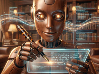 Robot Claude Anthropic scriind la un birou modern simbolizand stilul uman si natural de generare text