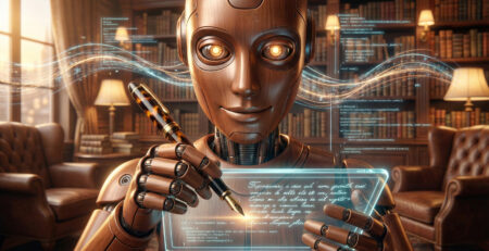 Robot Claude Anthropic scriind la un birou modern simbolizand stilul uman si natural de generare text