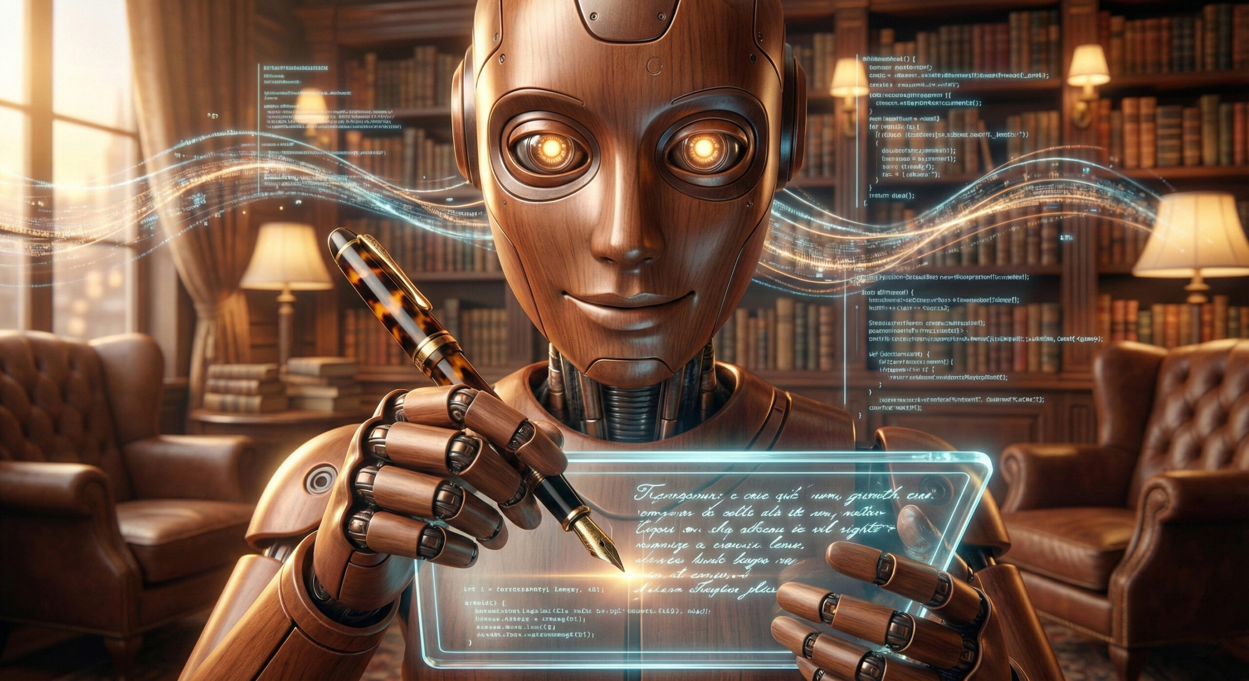 Robot Claude Anthropic scriind la un birou modern simbolizand stilul uman si natural de generare text