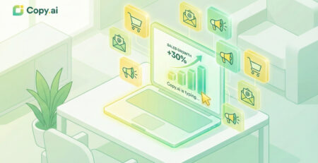 Ilustratie isometrica cu un laptop si grafice de vanzari in crestere simbolizand automatizarea marketingului prin Copy.ai