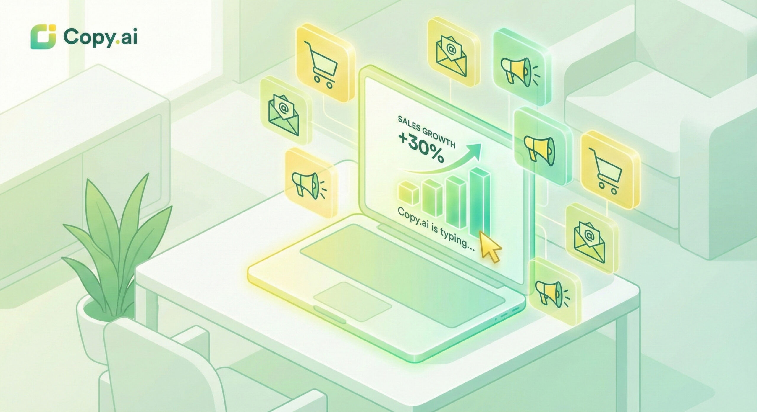 Ilustratie isometrica cu un laptop si grafice de vanzari in crestere simbolizand automatizarea marketingului prin Copy.ai