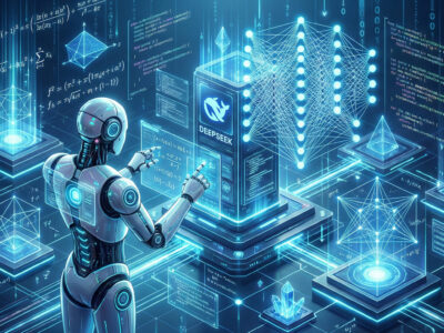 Ilustratie futurista cu interfata robotului DeepSeek rezolvand formule matematice complexe si scriind cod de programare