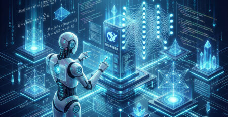 Ilustratie futurista cu interfata robotului DeepSeek rezolvand formule matematice complexe si scriind cod de programare