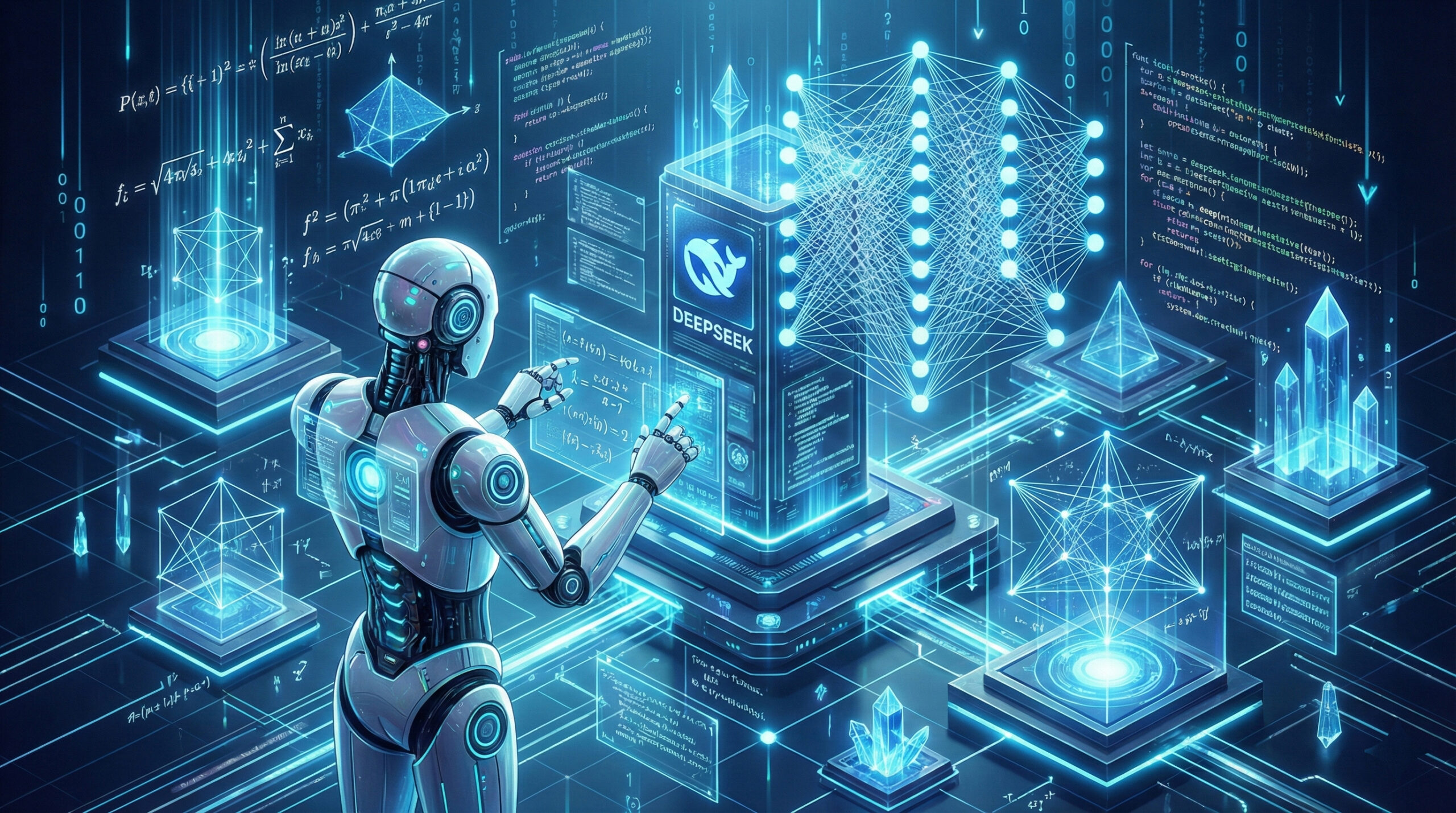 Ilustratie futurista cu interfata robotului DeepSeek rezolvand formule matematice complexe si scriind cod de programare
