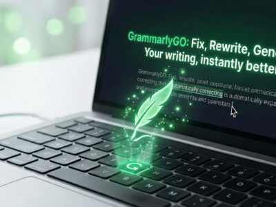 Ilustratie moderna cu logo-ul Grammarly transformandu-se intr-o scanteie magica ce genereaza si corecteaza text automat pe un laptop