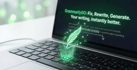 Ilustratie moderna cu logo-ul Grammarly transformandu-se intr-o scanteie magica ce genereaza si corecteaza text automat pe un laptop
