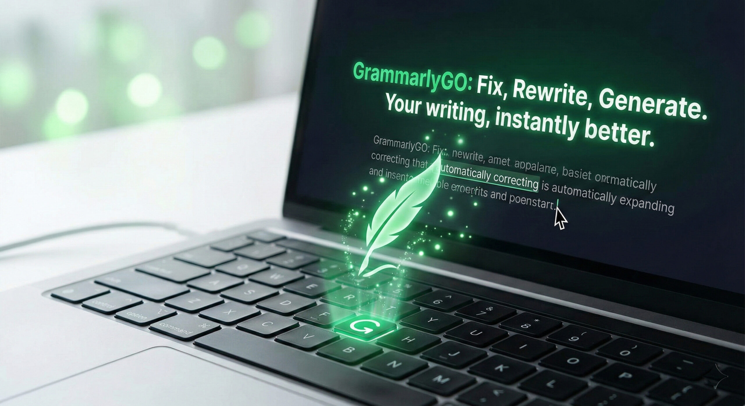 Ilustratie moderna cu logo-ul Grammarly transformandu-se intr-o scanteie magica ce genereaza si corecteaza text automat pe un laptop