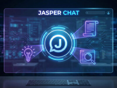 Interfata digitala moderna reprezentand Jasper Chat cu elemente de productivitate si creativitate pentru afaceri
