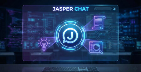 Interfata digitala moderna reprezentand Jasper Chat cu elemente de productivitate si creativitate pentru afaceri