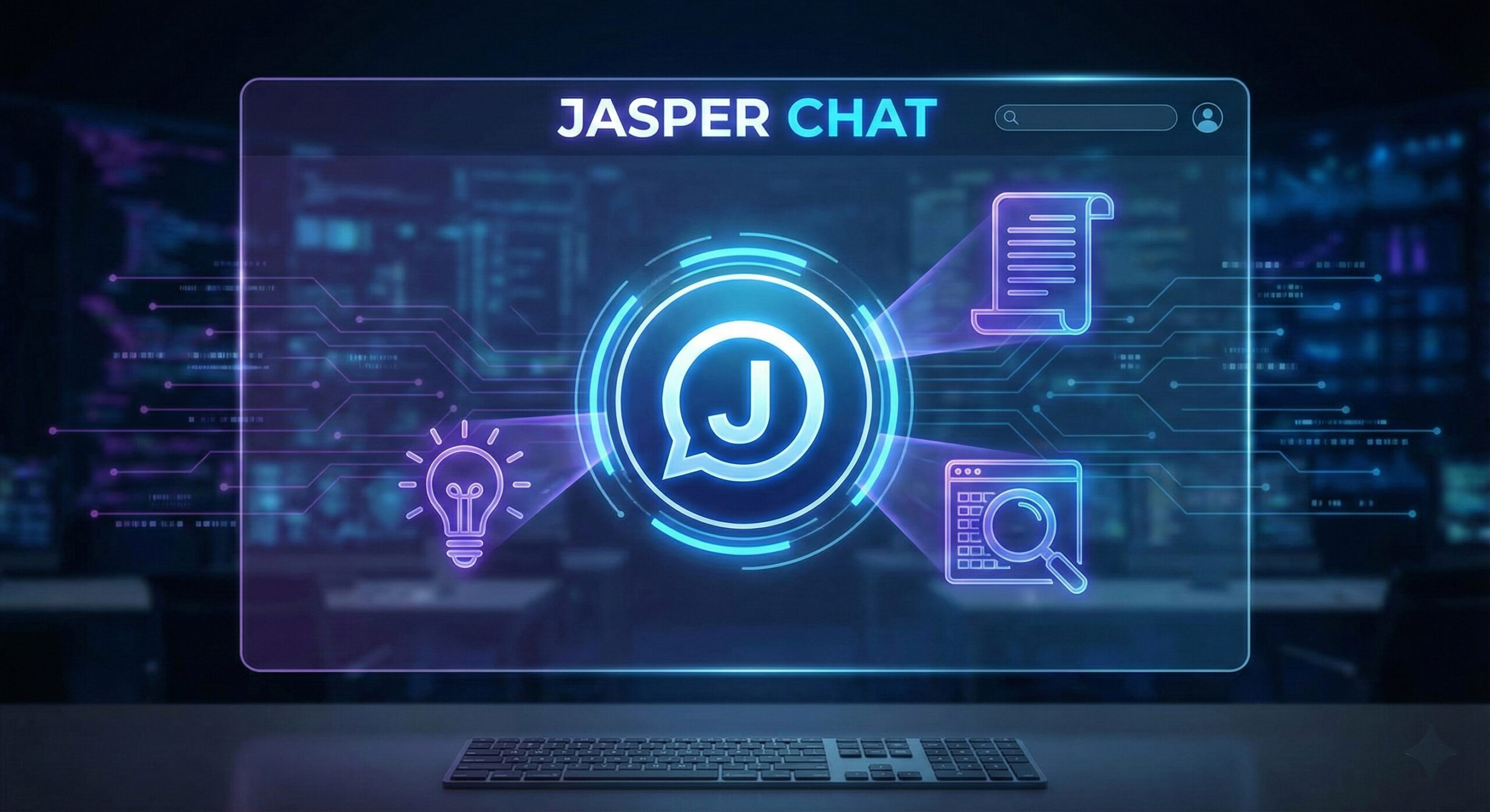 Interfata digitala moderna reprezentand Jasper Chat cu elemente de productivitate si creativitate pentru afaceri