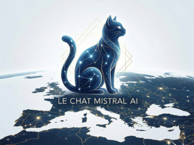 Ilustratie minimalista cu logo-ul Le Chat Mistral stilizat ca o silueta de pisica digitala pe un fundal albastru european