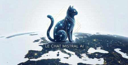 Ilustratie minimalista cu logo-ul Le Chat Mistral stilizat ca o silueta de pisica digitala pe un fundal albastru european