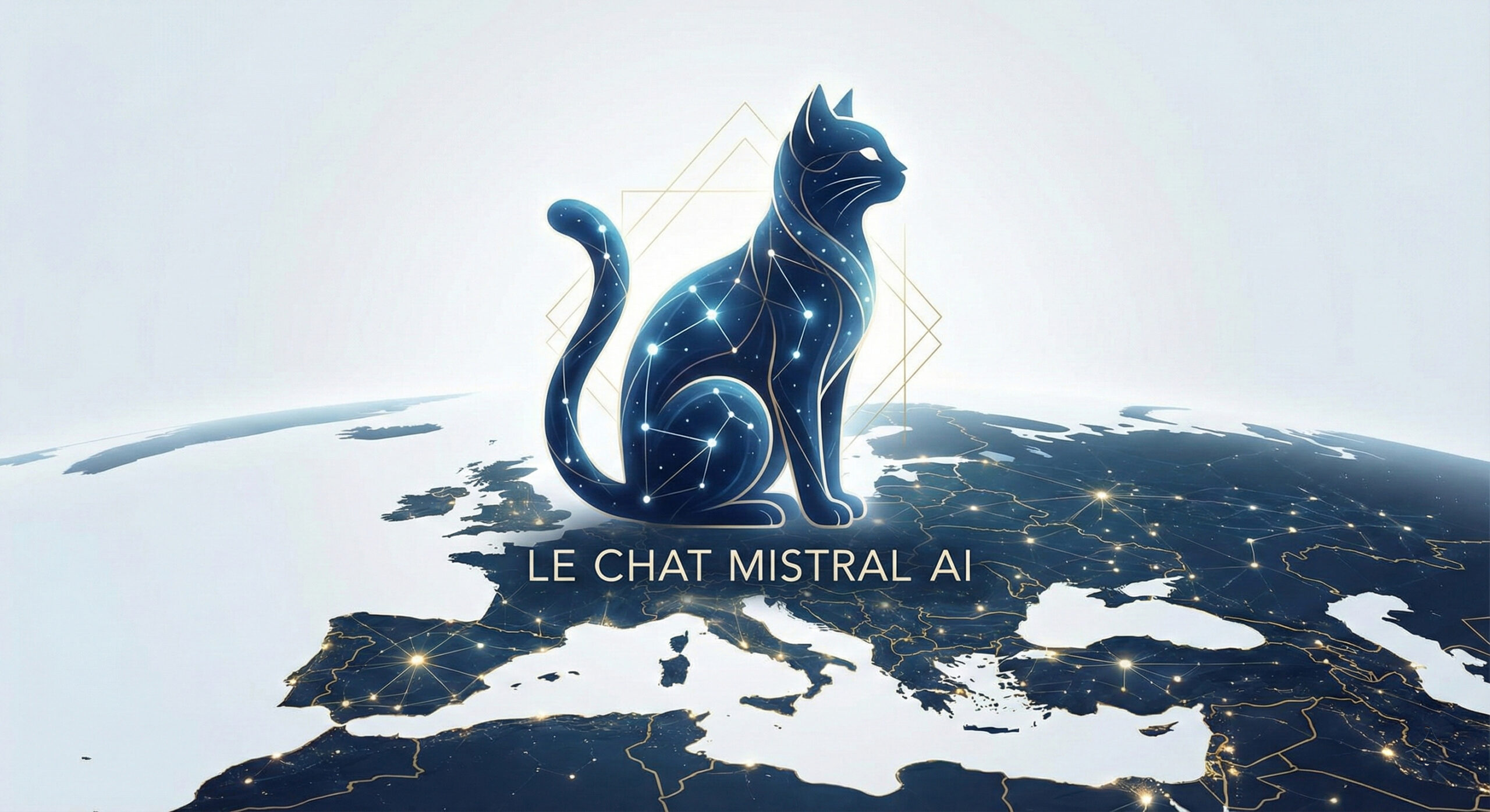 Ilustratie minimalista cu logo-ul Le Chat Mistral stilizat ca o silueta de pisica digitala pe un fundal albastru european