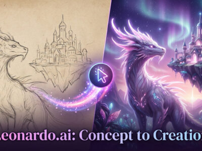 Compozitie artistica aratand transformarea unei schite simple intr-o imagine 3D complexa folosind platforma Leonardo.ai