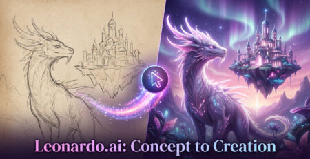 Compozitie artistica aratand transformarea unei schite simple intr-o imagine 3D complexa folosind platforma Leonardo.ai