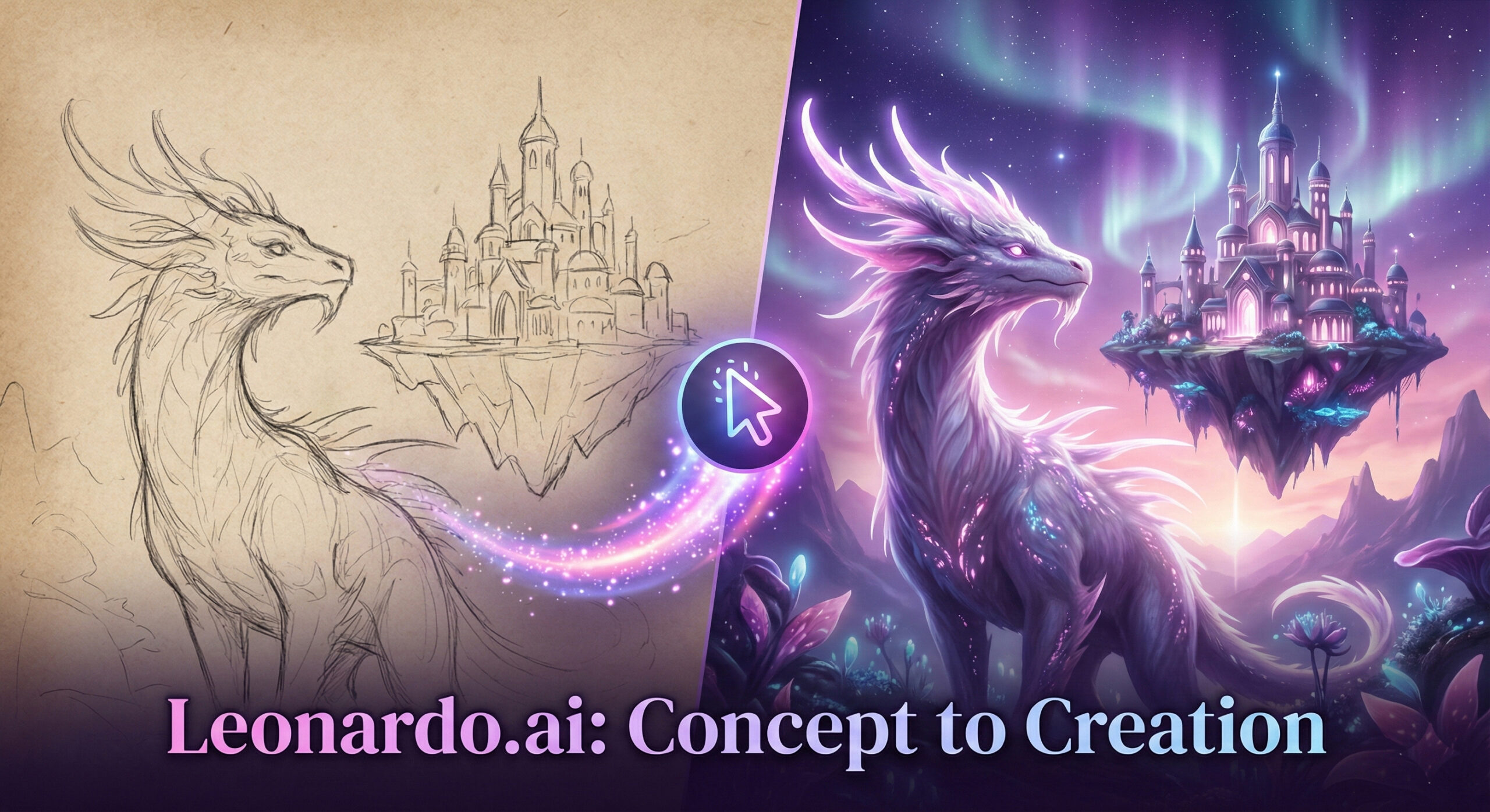 Compozitie artistica aratand transformarea unei schite simple intr-o imagine 3D complexa folosind platforma Leonardo.ai