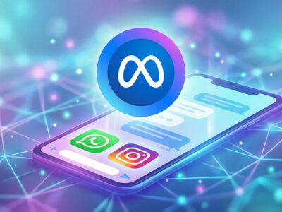 Ilustratie moderna cu logo-ul Meta AI plutind deasupra unui telefon mobil cu aplicatii de social media precum WhatsApp si Instagram