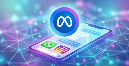 Ilustratie moderna cu logo-ul Meta AI plutind deasupra unui telefon mobil cu aplicatii de social media precum WhatsApp si Instagram
