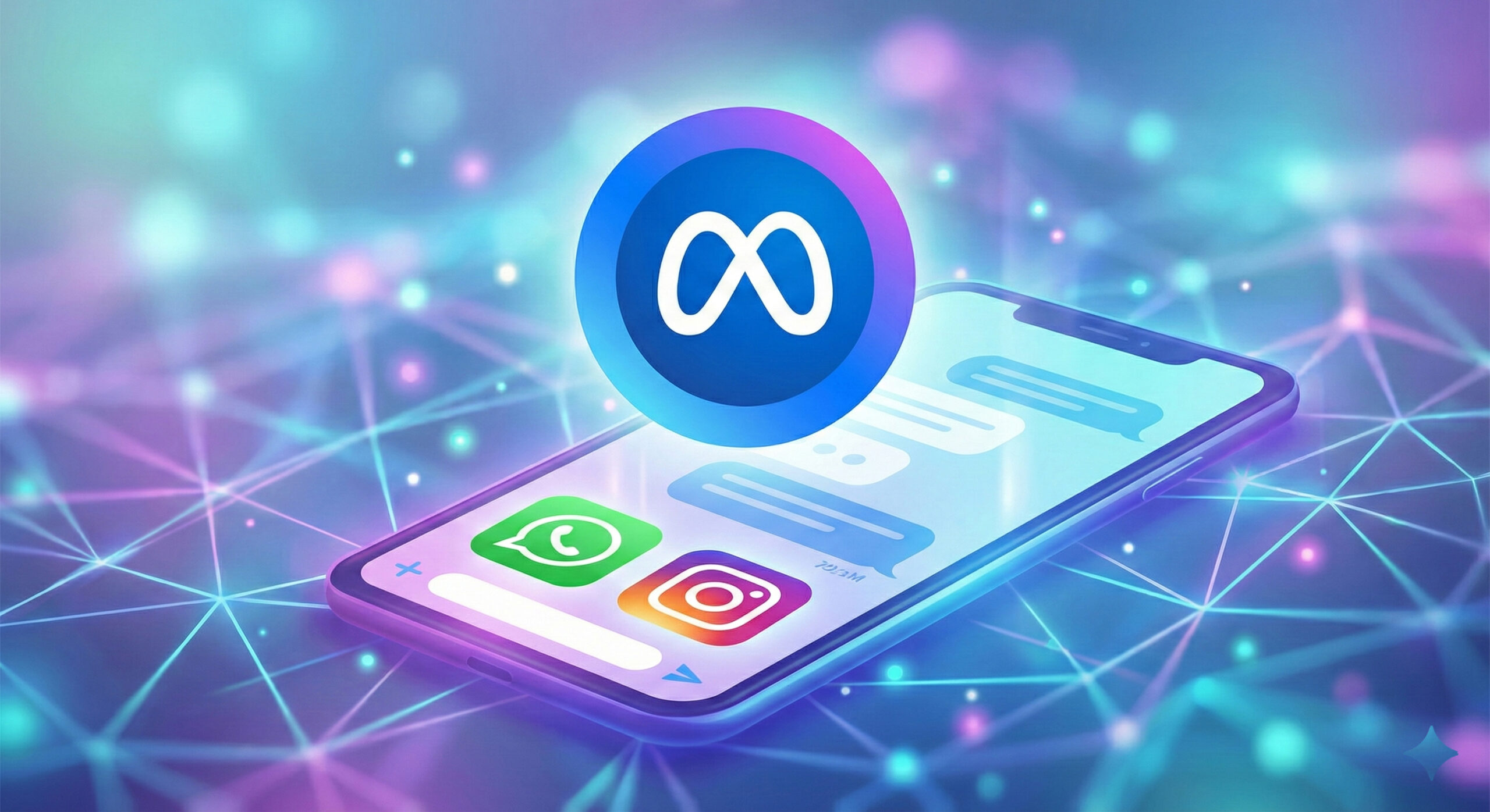 Ilustratie moderna cu logo-ul Meta AI plutind deasupra unui telefon mobil cu aplicatii de social media precum WhatsApp si Instagram