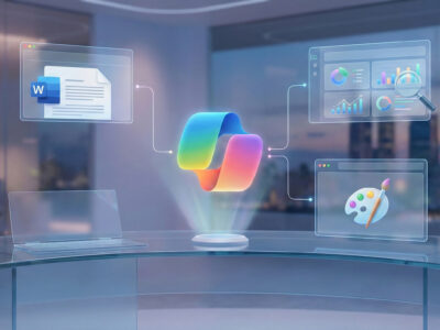 Ilustratie moderna cu logo Microsoft Copilot conectat la documente Word si Excel simbolizand productivitatea la birou