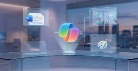 Ilustratie moderna cu logo Microsoft Copilot conectat la documente Word si Excel simbolizand productivitatea la birou