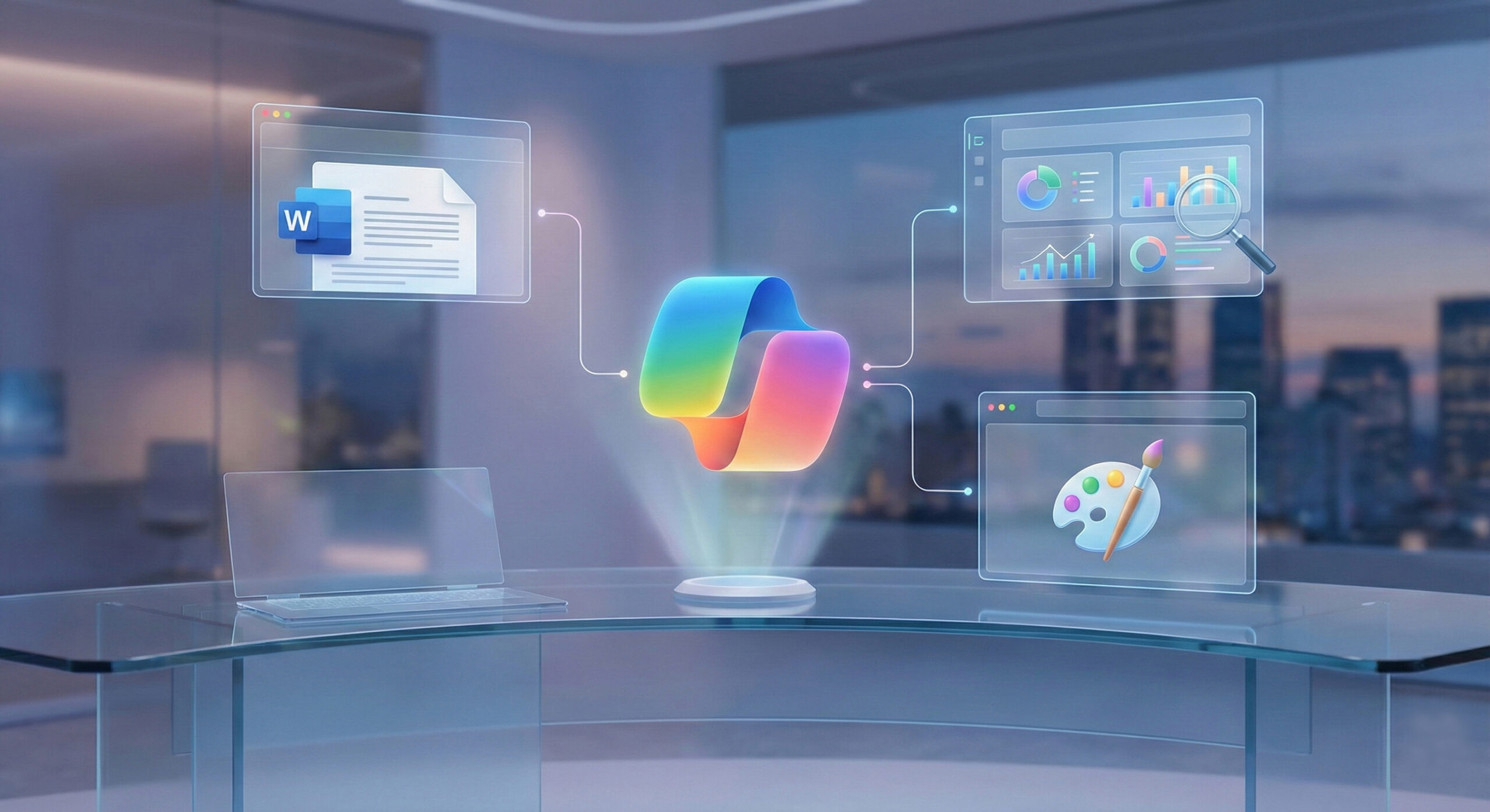 Ilustratie moderna cu logo Microsoft Copilot conectat la documente Word si Excel simbolizand productivitatea la birou