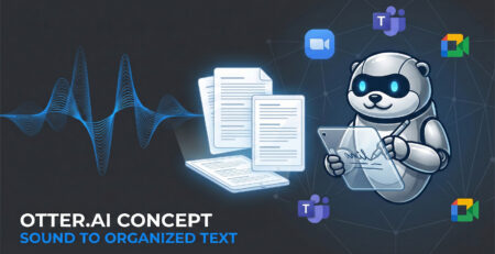 Ilustratie reprezentand transformarea undelor sonore in text organizat simbolizand functia de transcriere a aplicatiei Otter.ai