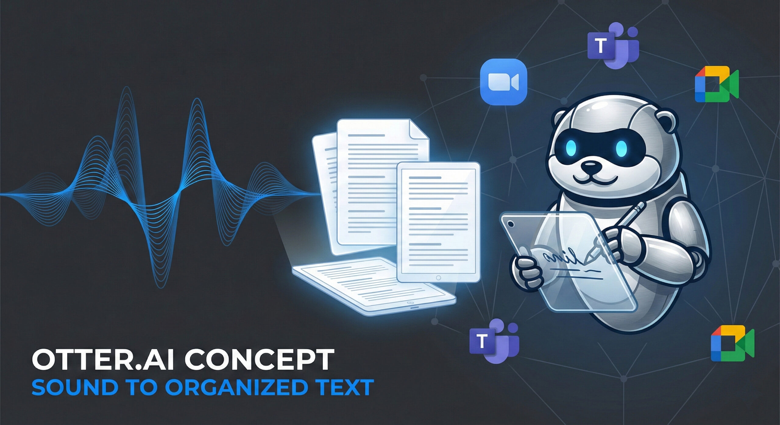 Ilustratie reprezentand transformarea undelor sonore in text organizat simbolizand functia de transcriere a aplicatiei Otter.ai