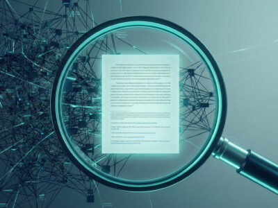 Ilustratie cu o lupa digitala care scaneaza internetul si ofera un raspuns clar cu citate simbolizand Perplexity AI